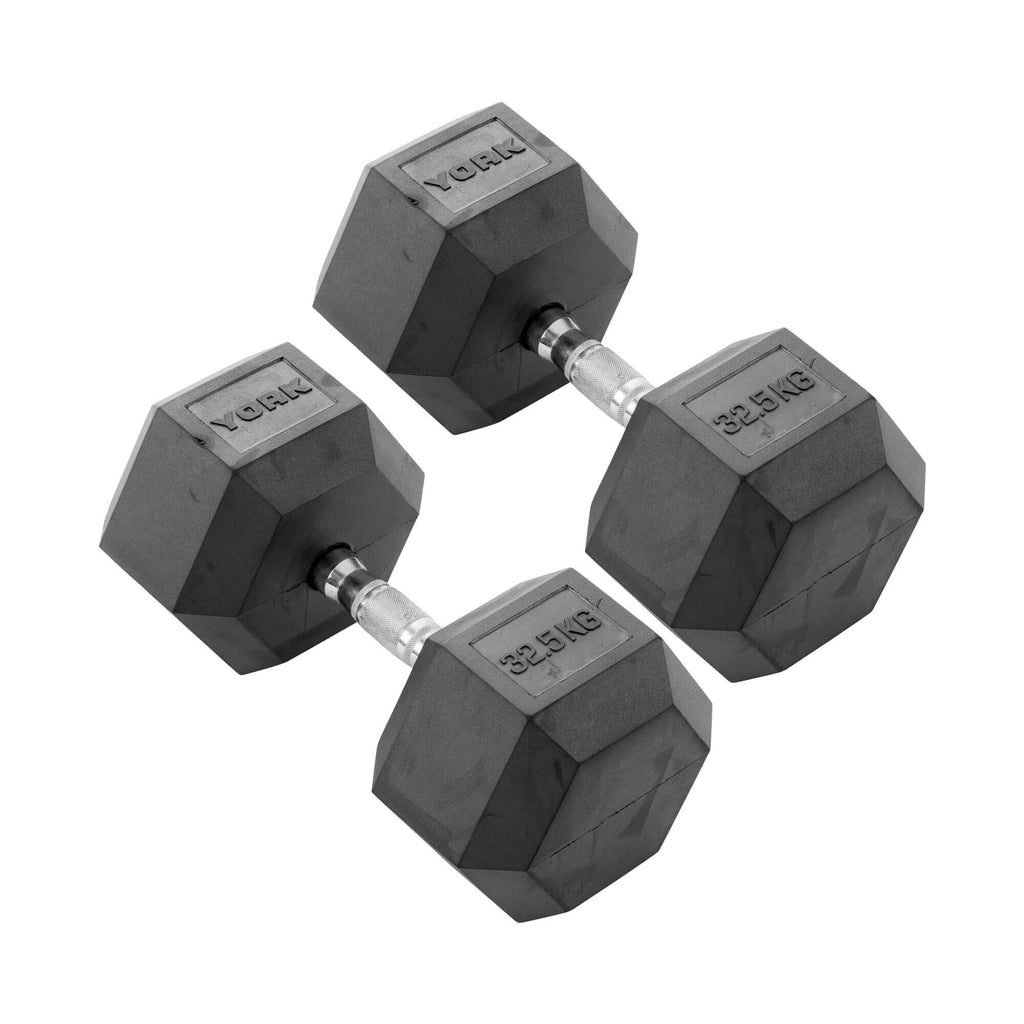 York 32.5kg Commercial Rubber Hex Dumbbells