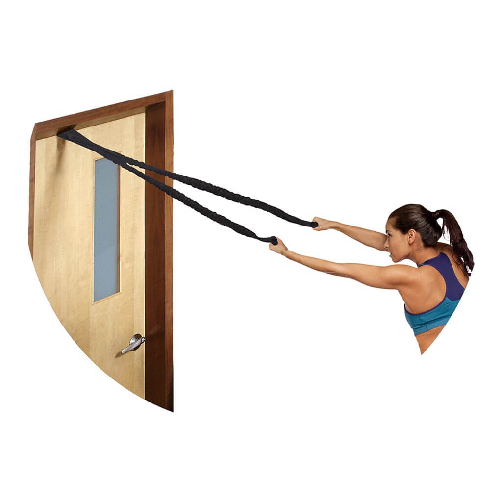 Woman exercising using a Body Sculpture Power Tube on a door